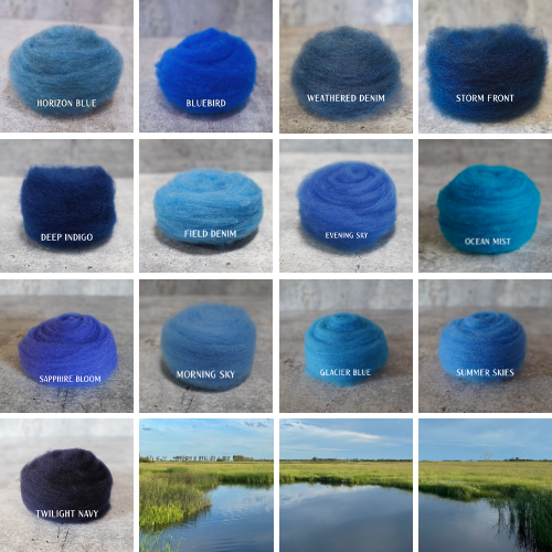 a variety of blue wool colors for needle felting