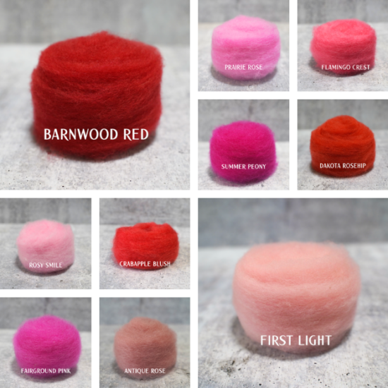 10 red and pink carded wool colors for needle felting
