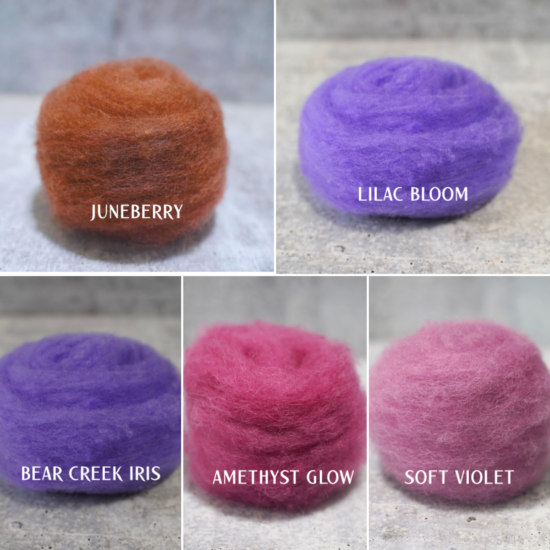 5 purple colors of carded wool for needle felting