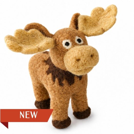 Needle felted moose on white background