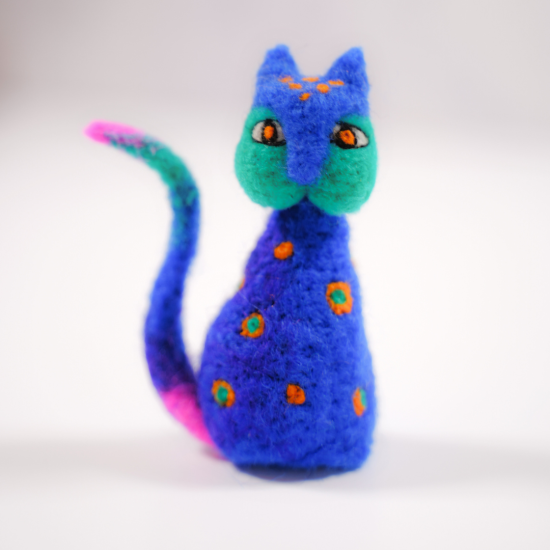 Blue, green and pink needle felted Laurel Burch Cat