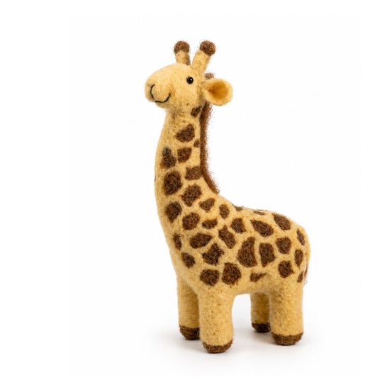 needle felted giraffe on white background