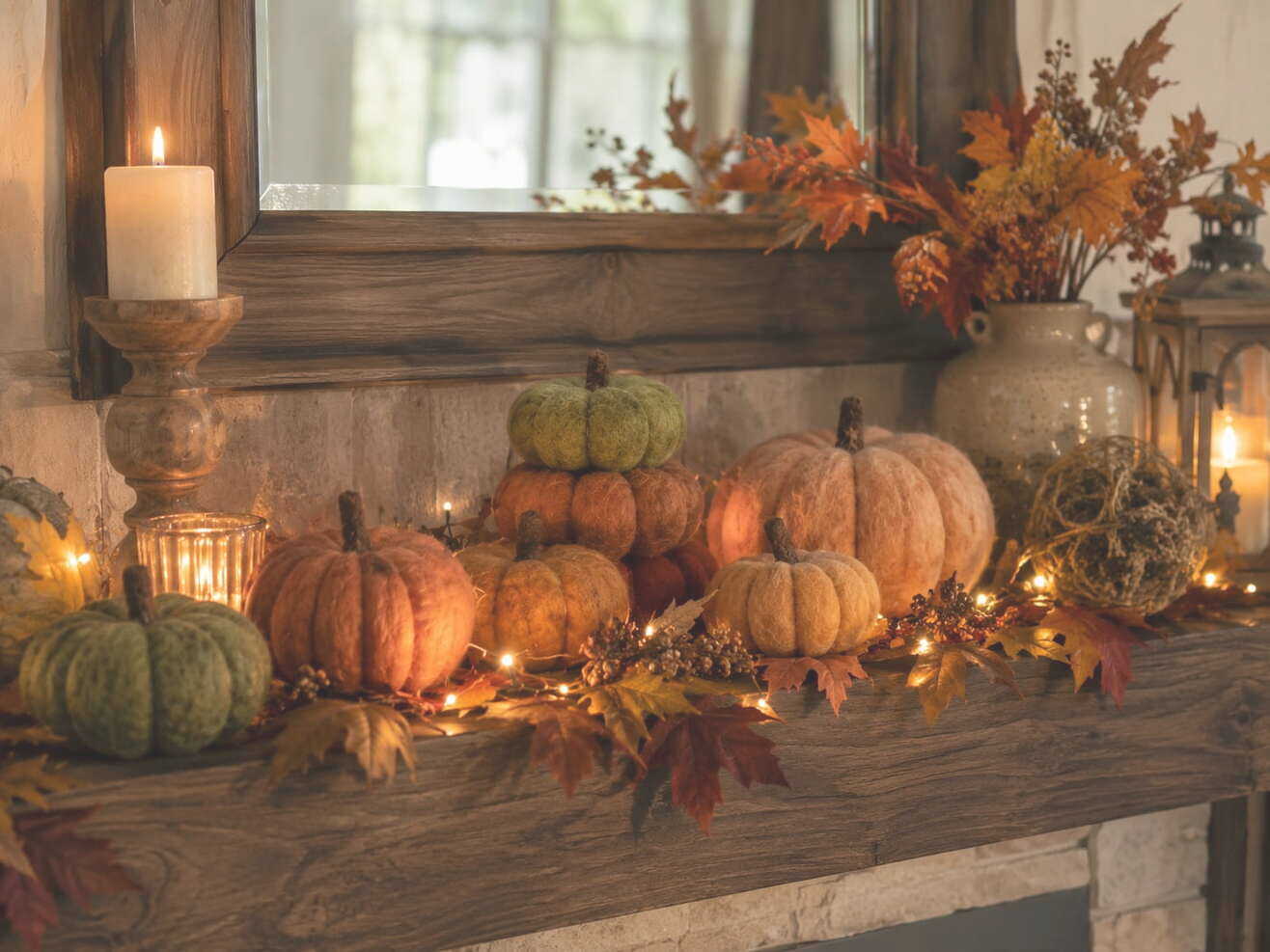 vignette pumpkins with candles on mantle
