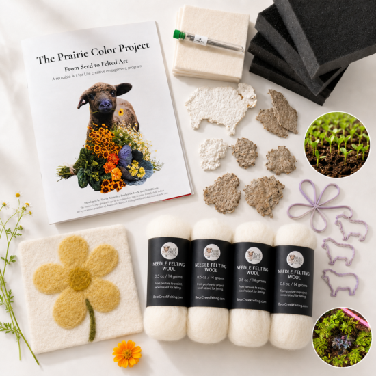 Contents of the prairie color project kit includes, instruction booklet, seed paper, felt coasters, 6 felting needles, felting cushions, felting guides and pre-mordanted wool for dyeing.